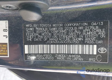 2013 Toyota Prius Two from USA, damaged, VIN JTDKN3DU6D0350750